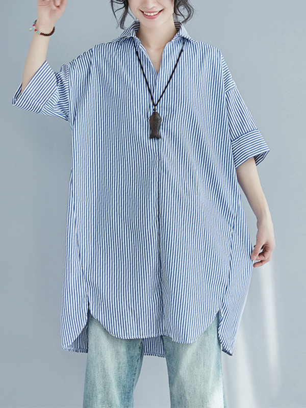 Vertical Striped Short Cuff Sleeve Lapel Oversize Shirt