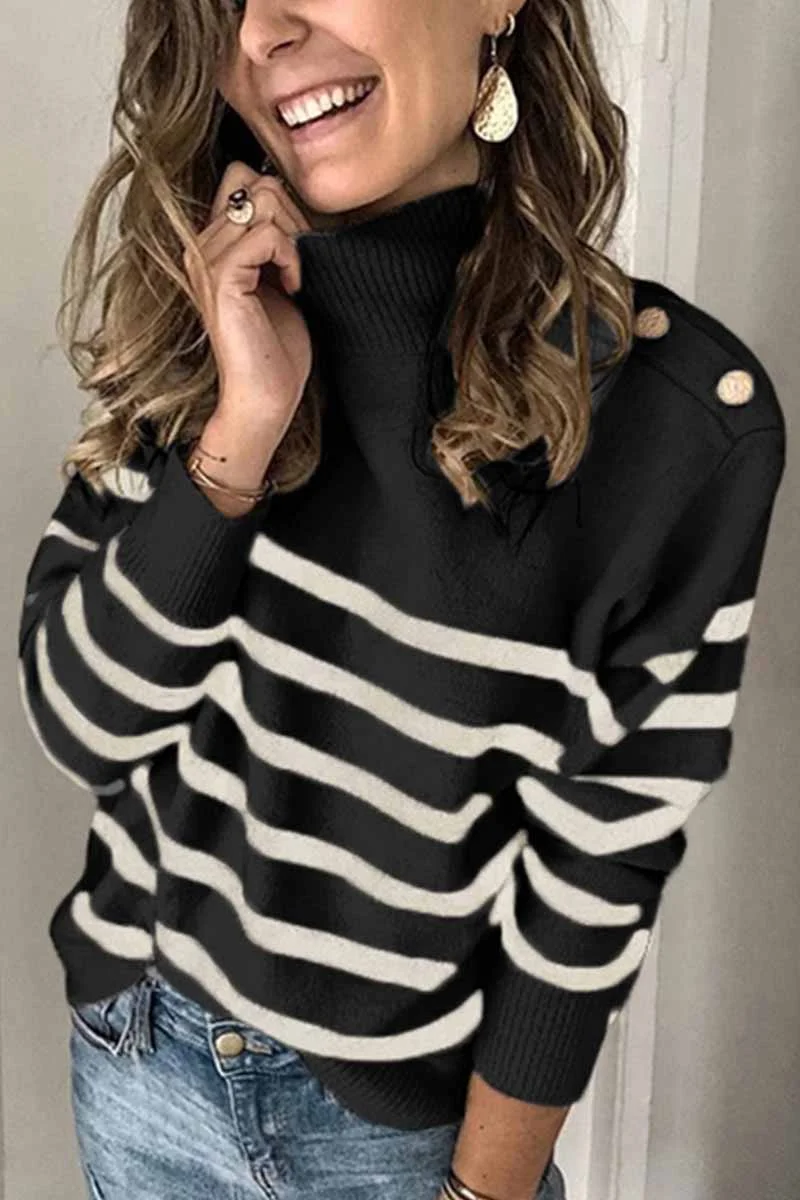 Fashion Button Design Striped Sweater