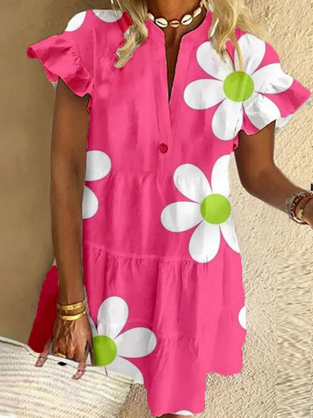White Flowers On Pink Background Ruffled Short-sleeved V-neck Buttoned Dress Vacation Beach Dress