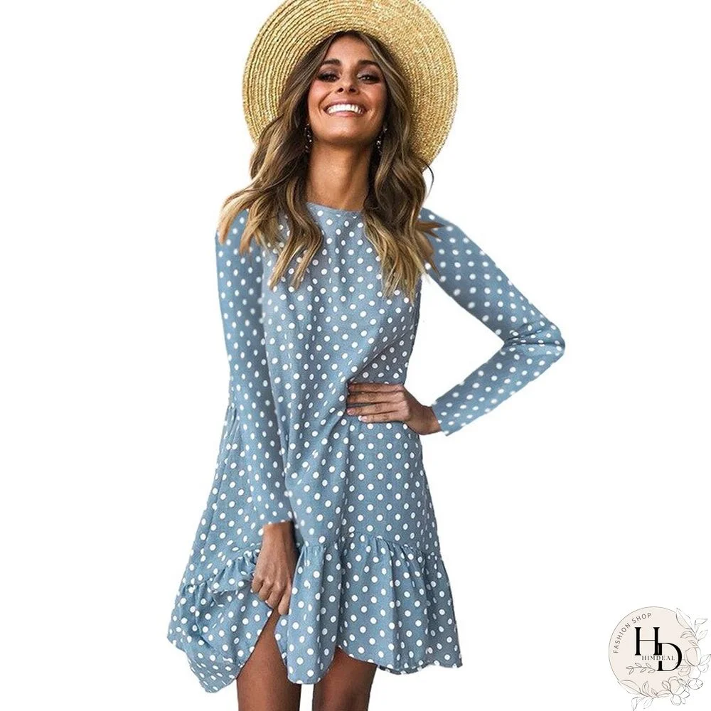 Women Autumn Dress Fashion Polka Dot Chiffon Dress Long Sleeve O Neck Ruffle Female Casual Yellow Dress Retro Vestido Mujer