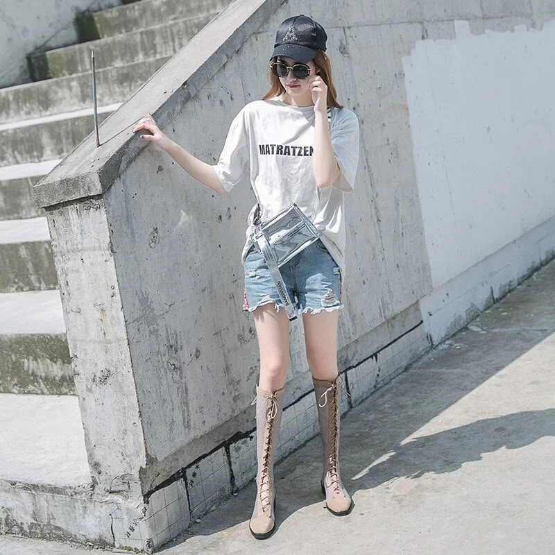 Summer Street Trend Mesh Ladies Boots Chic Show High Mid-Calf Women Boots Ins Zippers Pumps Breathable AirMesh Sexy Shoes