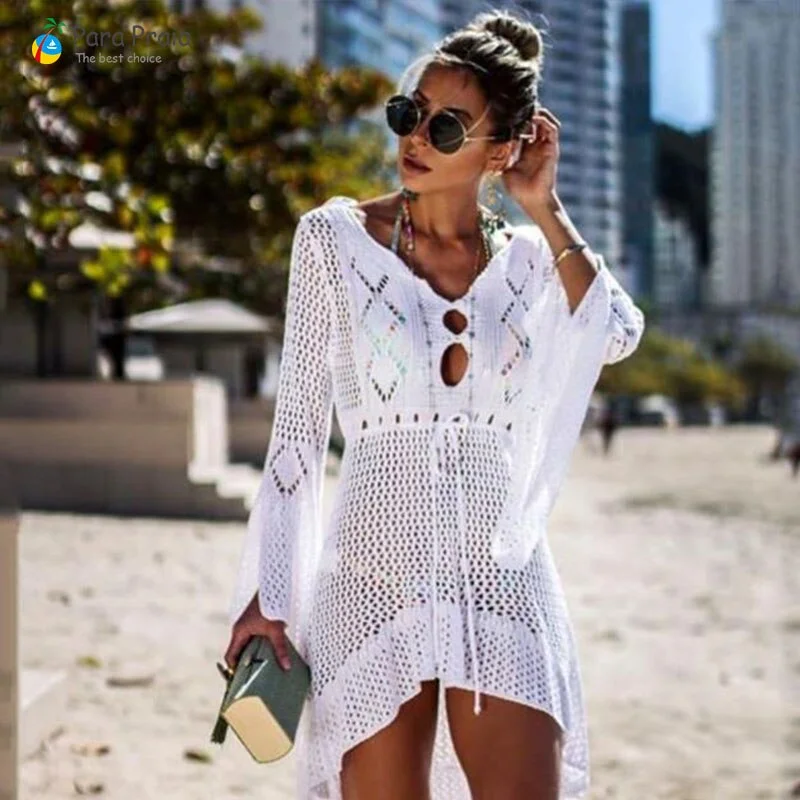 2020 Long Sleeve Crochet Swimwear Cover Up Sexy Stylish Tassel Beach Dress Women Bikini Cover Up Beachwear Loose Cardigan