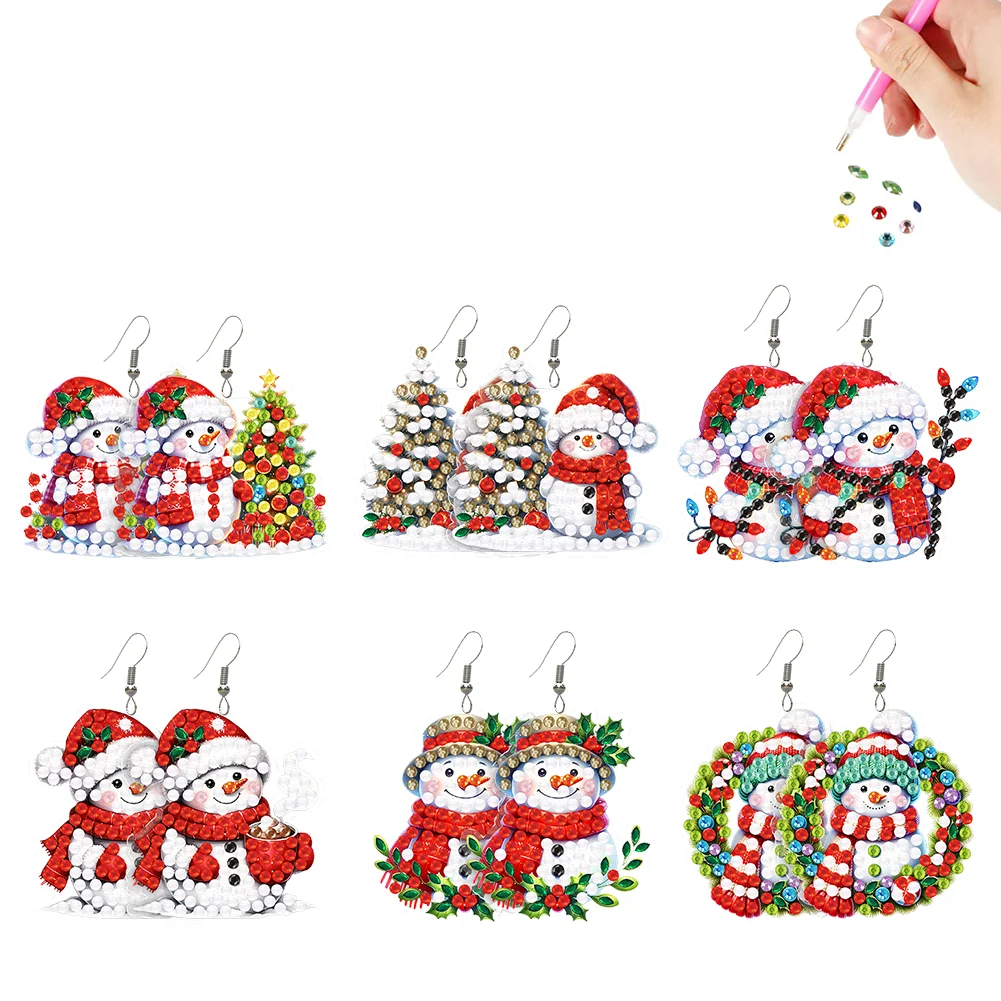 6 Pairs Christmas Snowman Double Sided Diamond Painting Earrings Jewelry