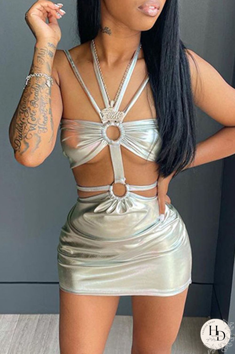 Silver Sexy Solid Hollowed Out Patchwork Pencil Skirt Dresses