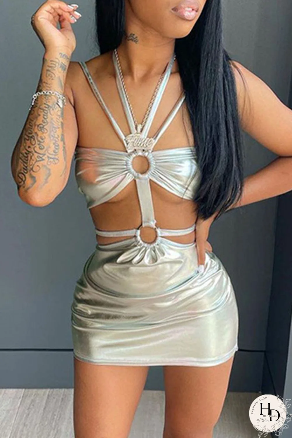 Silver Sexy Solid Hollowed Out Patchwork Pencil Skirt Dresses