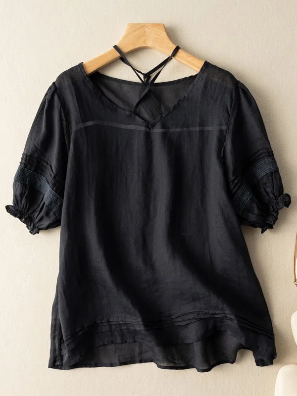 Loose Casual Vintage Solid Color Ramie T-Shirt