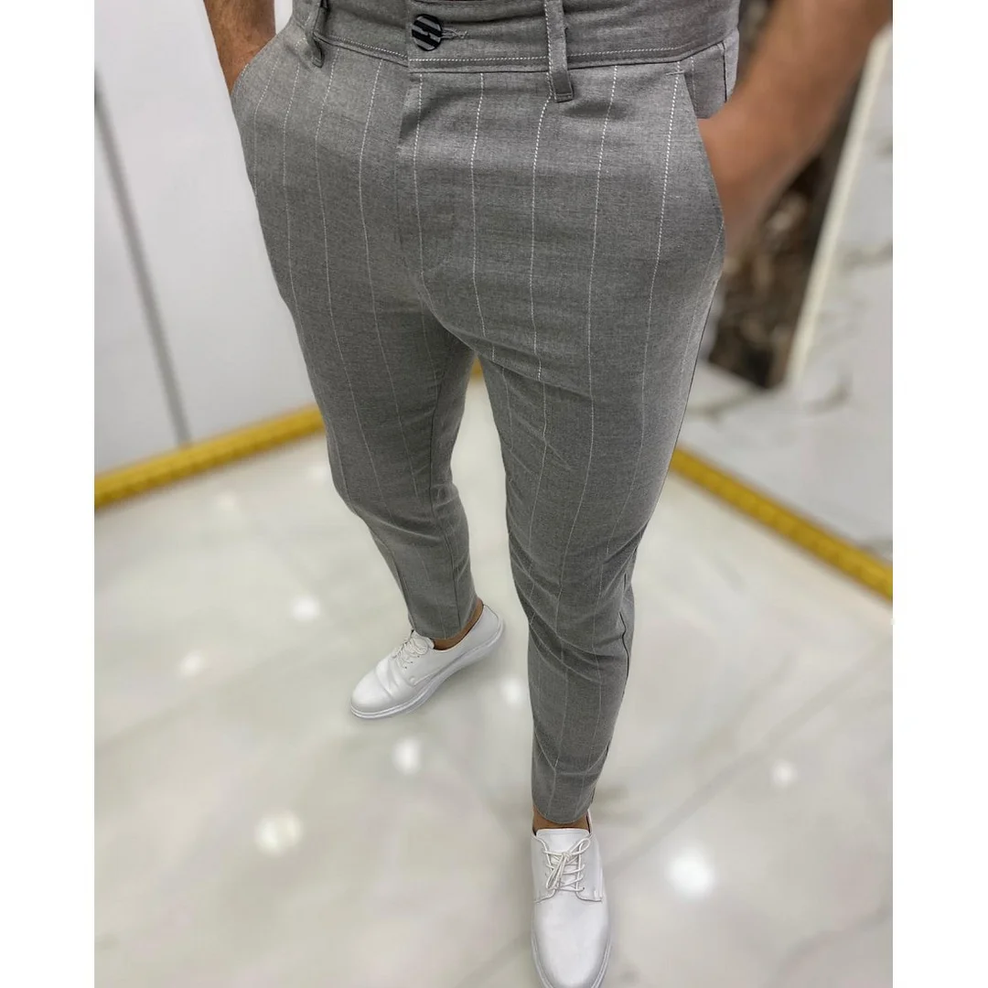 Men's Business Elastic Pant Striped Casual Stretch Pants Lightweight Chino Business Long Pant