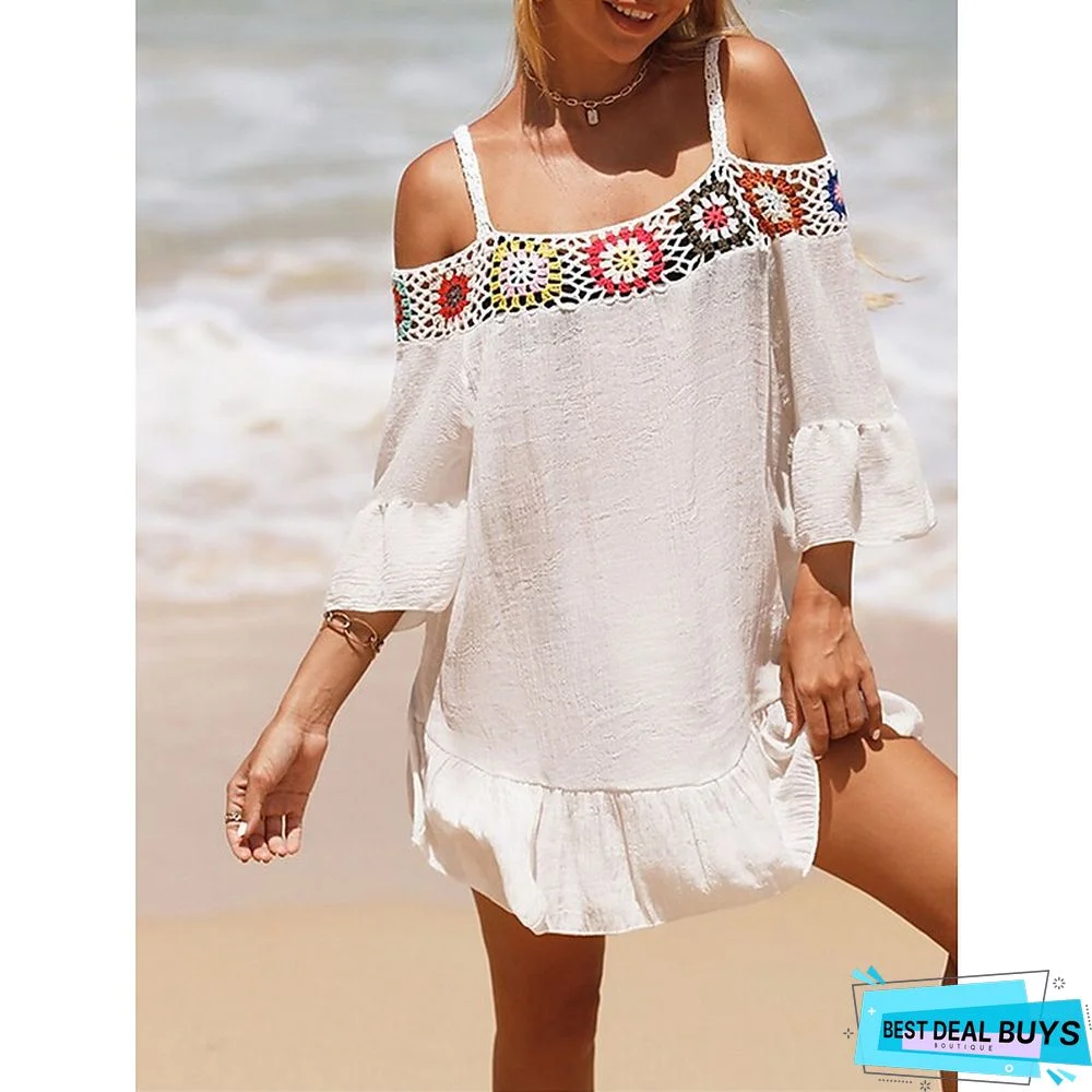 Women's Cover Up Beach Dress Beach Wear Mini Dress Ruffle Backless Ethnic Casual Floral Spaghetti Strap 3/4 Length Sleeve Loose Fit Outdoor Daily Black White 2023 Spring Summer One Size
