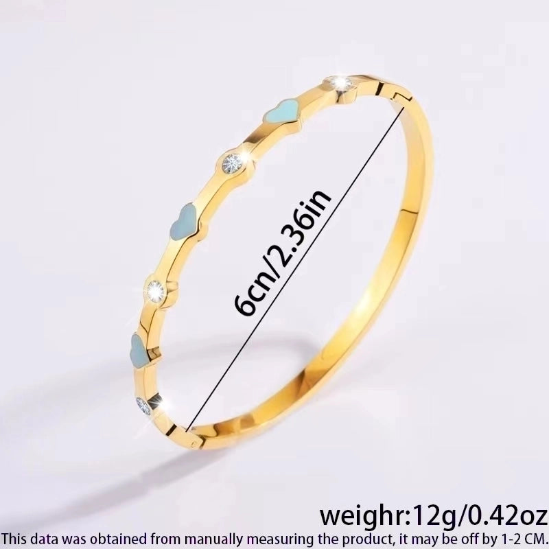 304 Stainless Steel 18K Gold Plated Sweet Minimalist Enamel Inlay Heart Shape Rhinestones Bangle