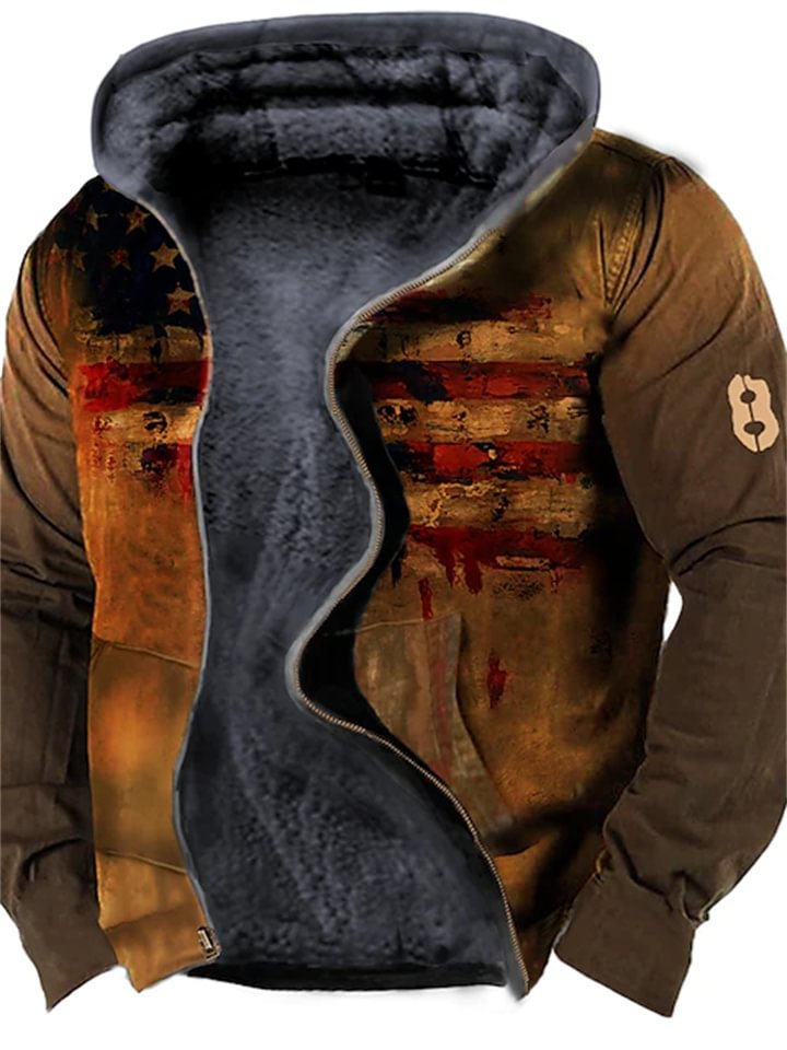 Men's Fleece Jacket Full Zip Hoodie Fleece Hoodie Sherpa Jacket Yellow Army Green Khaki Orange Brown Hooded Graphic Prints National Flag Zipper Print Casual Daily Sports 3D Print Fleece Basic -vasmok
