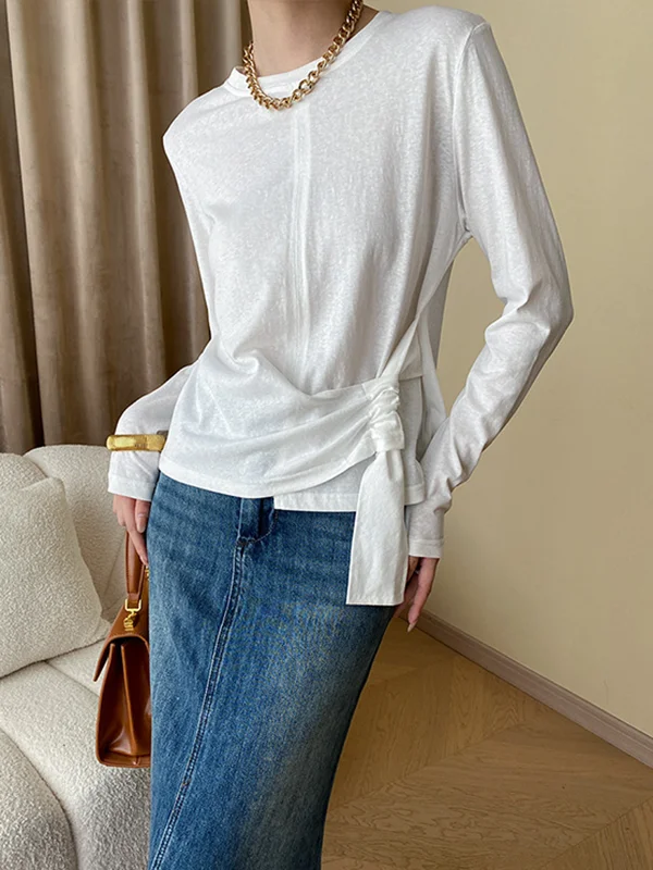 Long Sleeves Asymmetric Bowknot Solid Color Round-Neck T-Shirts Tops