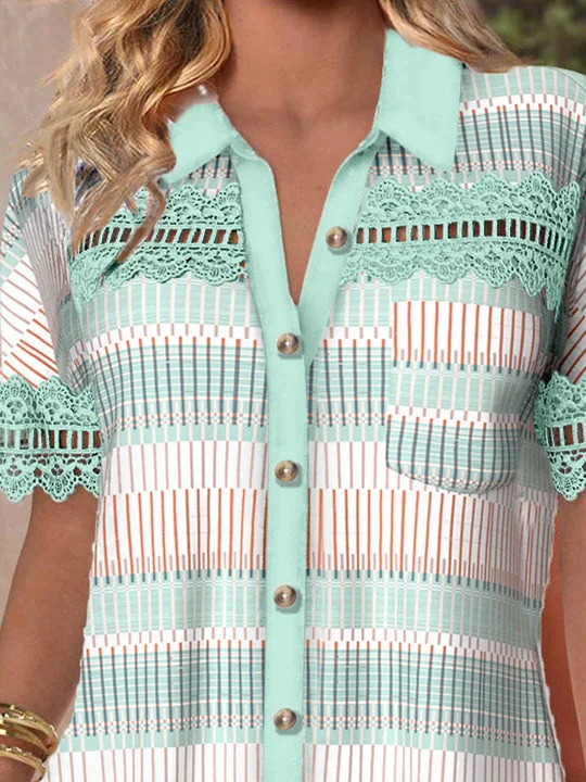 Women Short Sleeve V-neck Striped Printed Graphic Lace Hollow Stitching Button Tops