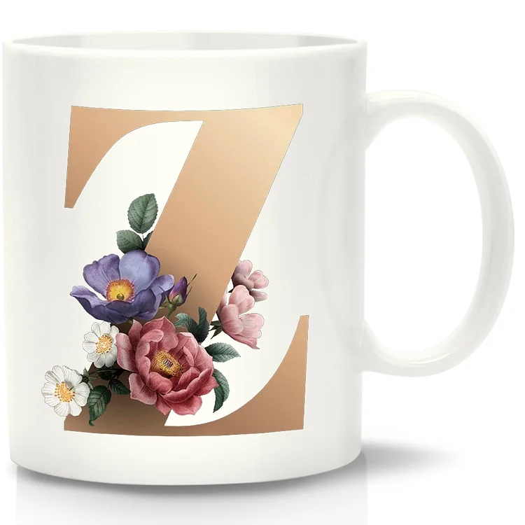 11 oz Unique Creative Ceramic Coffee Mugs with Flower with Letter Z Decors