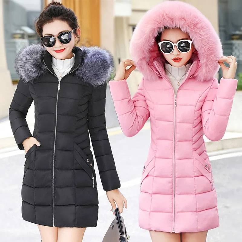 Winter Female Long Jacket Winter Coat Women Fake Fur Collar Warm Woman Parka Outerwear Down Jacket Winter Jacket Women Coat N204
