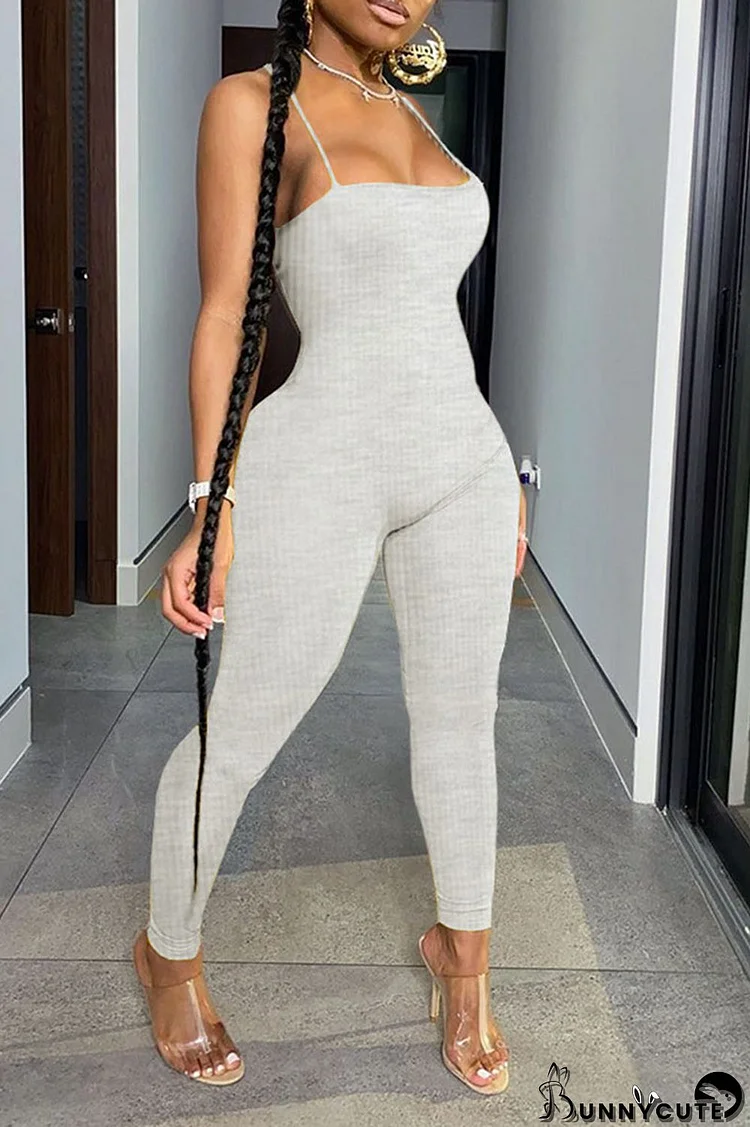 Grey Sexy Sportswear Solid Split Joint Backless Spaghetti Strap Skinny Jumpsuits