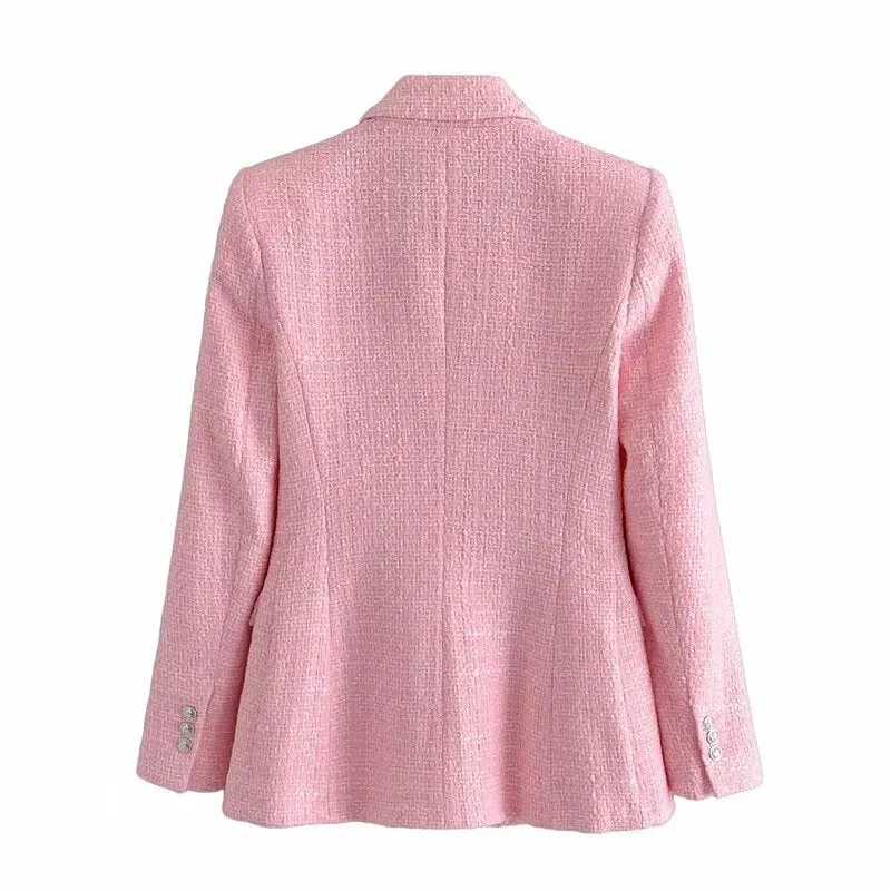 Stylish Chic Pink Double Breasted Tweed Jacket Women 2021 Fashion Pockets Turn-down Collar Coats Female Casual Outerwear