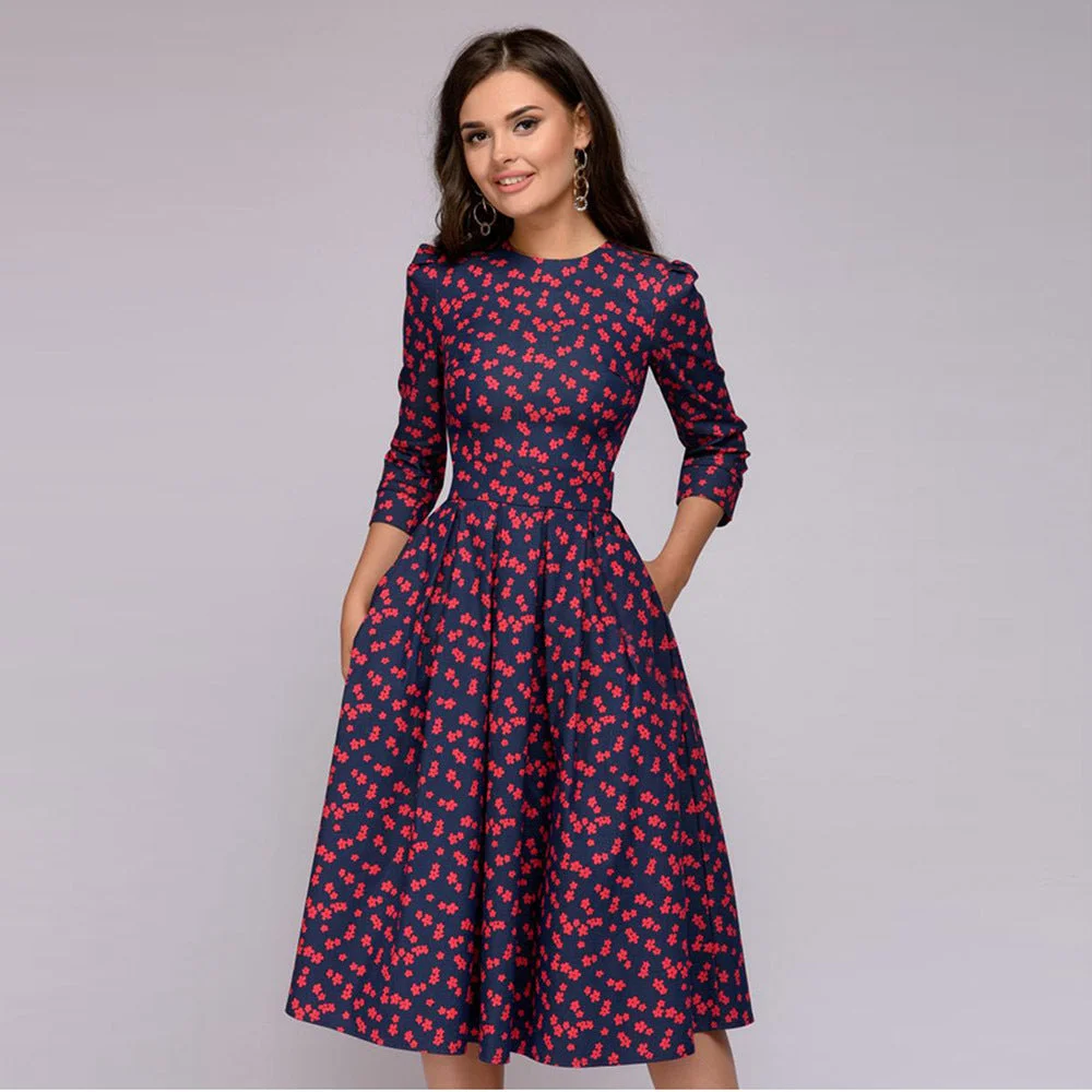 Uveng Party Vintage Small Floral Urban Style 3/4 Sleeve Round Neck Dress