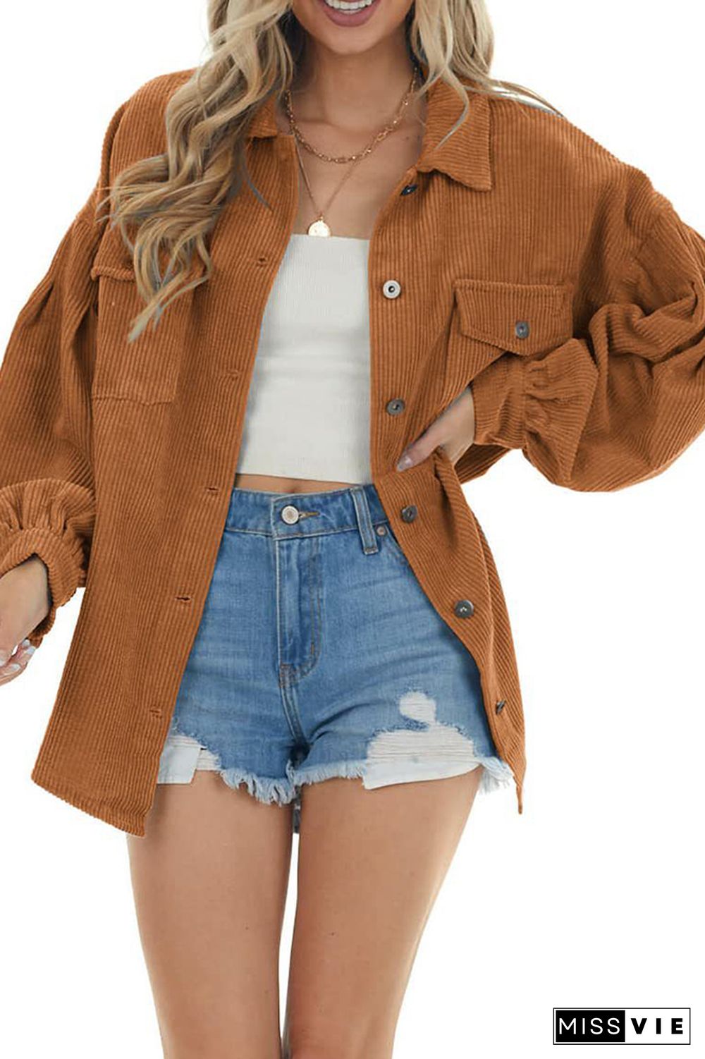 Lantern Sleeve Button Pockets Corduroy Shirt