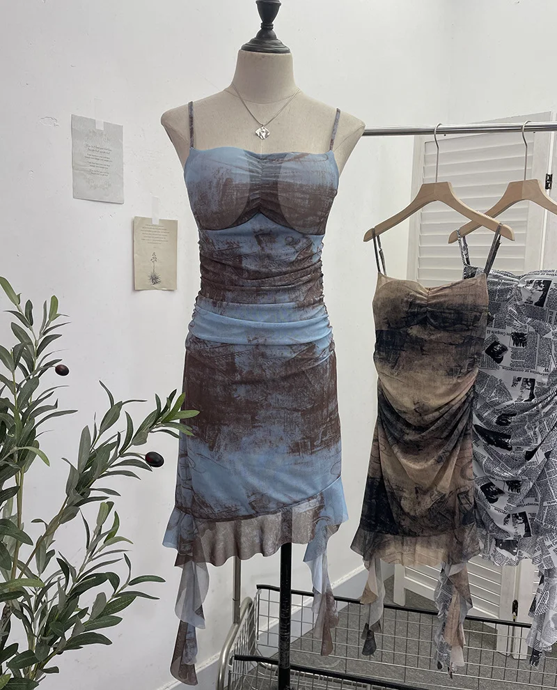 Uveng Real Shooting Sexy Sling Dress Girl Summer Babes Thin With Chest Cushion Lotion Side Ribbon Mesh Vest Dress 66661