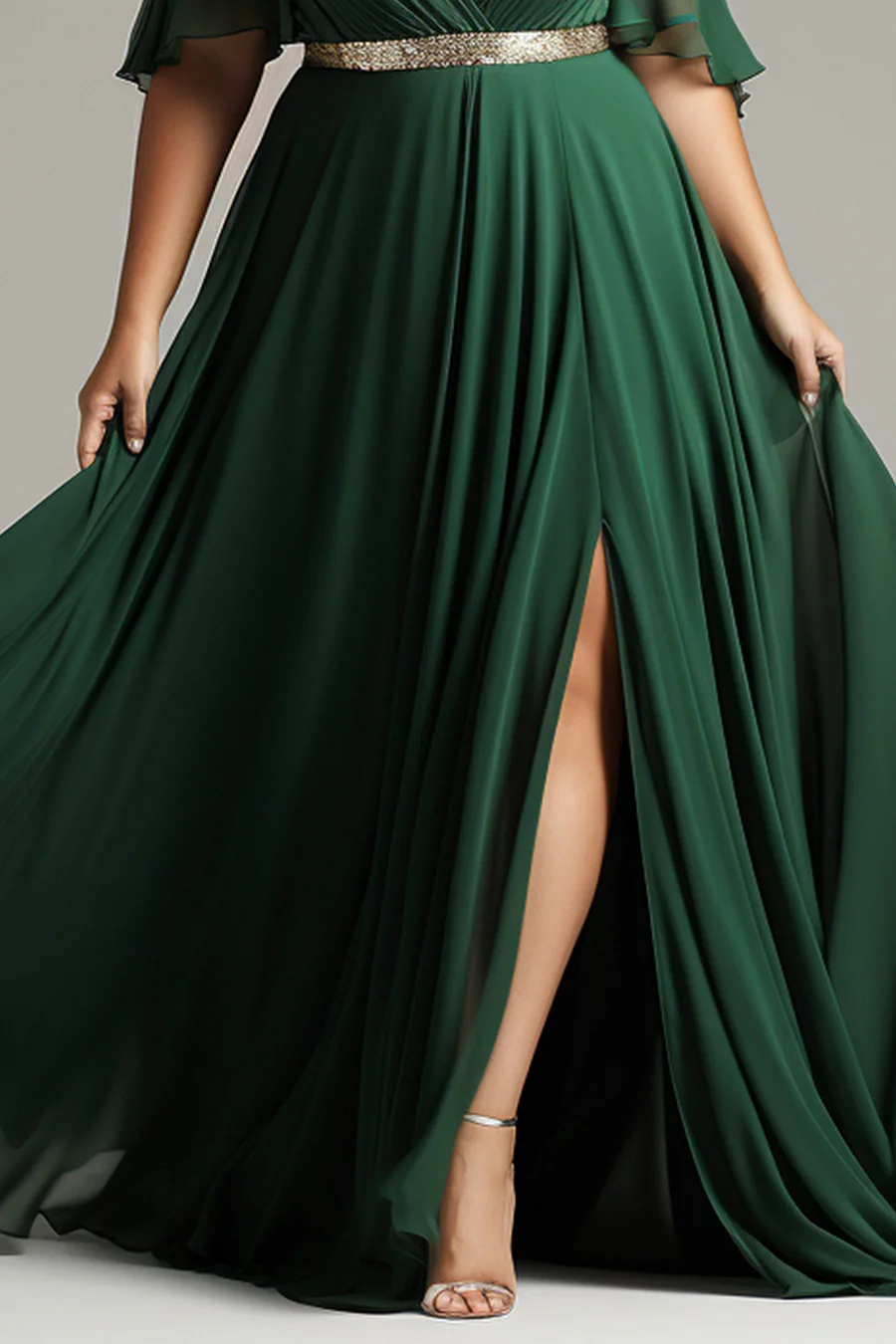 Flycurvy Plus Size Wedding Guest Dark Green Chiffon Deep V Neck Spilt Flutter Sleeve Maxi Dress