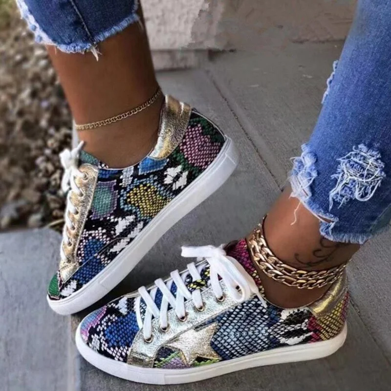 Women Snake Printing PU Leather Vulcanized Shoes Lace up Female Sneakers Fashion 2020 Platform Woman Shoes Walking Footwear