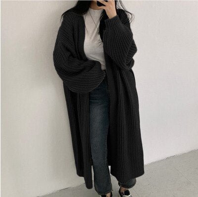 2021 Autumn Women Long Cardigan Vintage Solid Color Lantern Sleeve Knitted Sweater Female Casual Loose Oversized Cardigans Coat