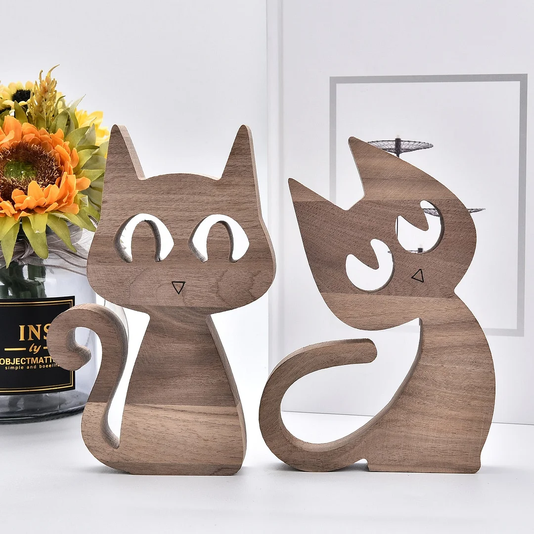 Wooden Cat Figurines Decoration Handmade Desktop Sculpture Craft Cute Cat Home Office Decor Gifts For Cat Lovers