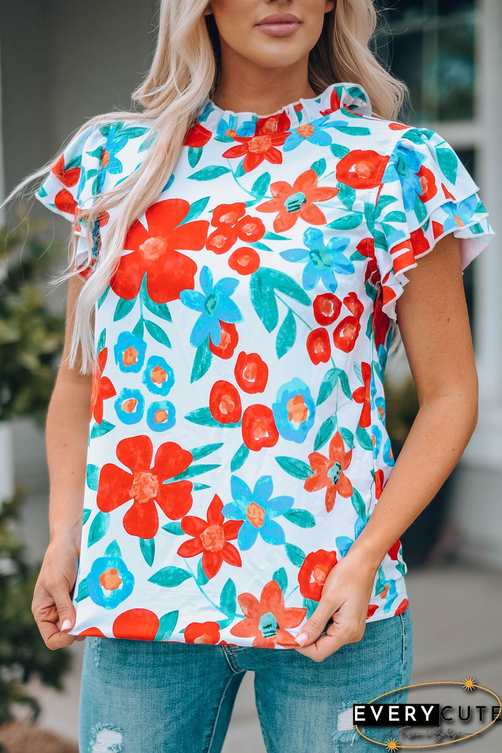 White Floral Print Frilled Neck Ruffled Sleeve Top