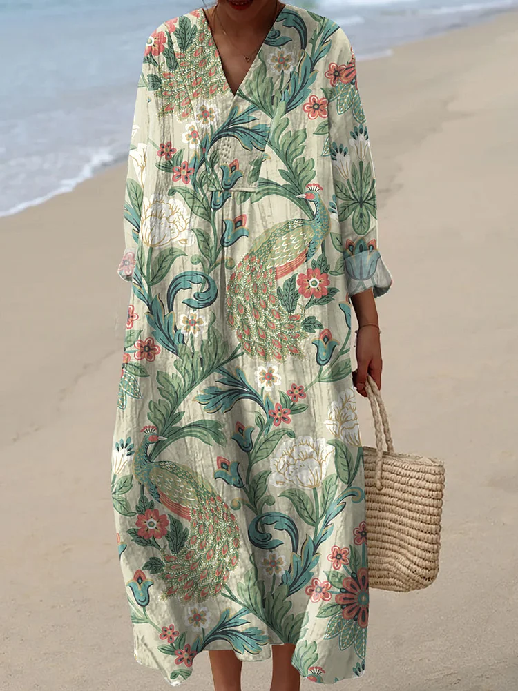 Women's Peacock Floral Art Print Casual Dress
