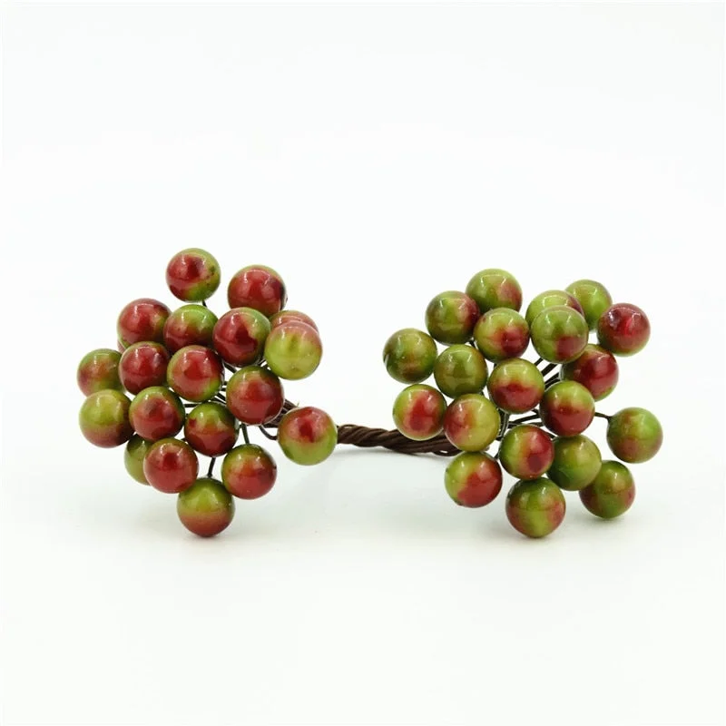 20pcs/40head Pearl Double Head Berries Mini Fake Fruit Berries Artificial Red Cherry Flower Bouquet Stamen Christmas Decorative