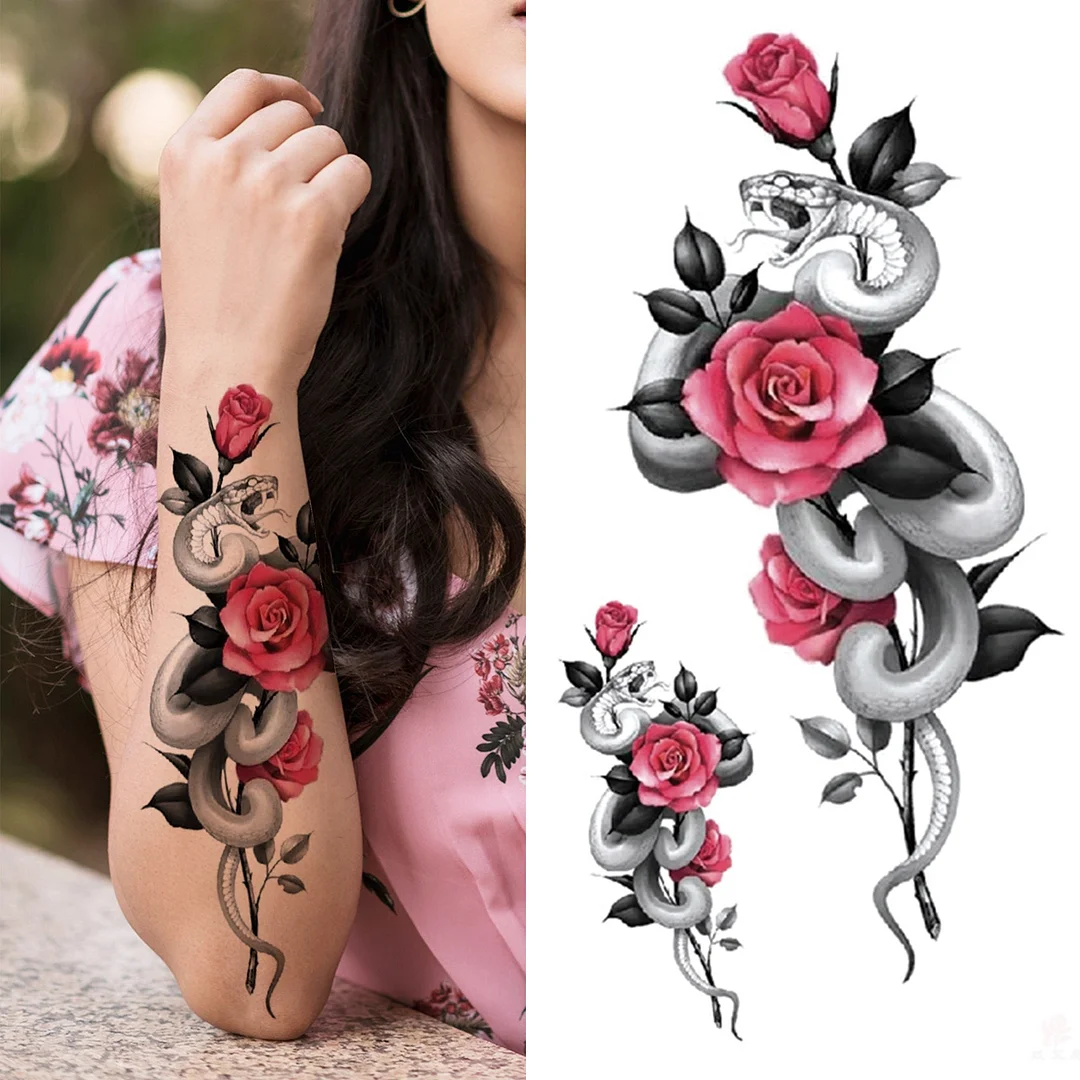 Death Skull Flower Temporary Tattoo For Women Girls Snake Bird Peony Tattoo Sticker Black Fake Blossom Sexy Tatoo Transfer Adult 530
