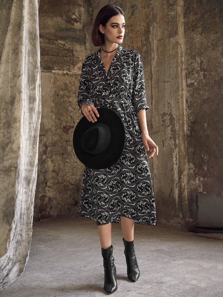 Random Allover Print Lapel Half Sleeve Dress With Belt - Shop Trendy Women's Clothing | LoverChic