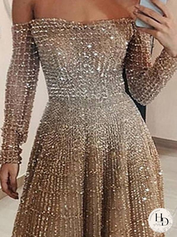 Dresses Boat Neck Shiny Long Sleeve Party Dresses for Women