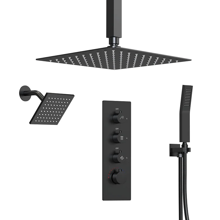 EVERSTEIN 16x6 inches Dual Rainfall Shower System - Ceiling Mounted, Matte Black, Independent Function Control SFS-1061-BK16