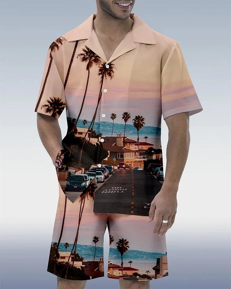 Men's Casual Vacation Cuban Collar Short Sleeve Shirt Set at Hiphopee