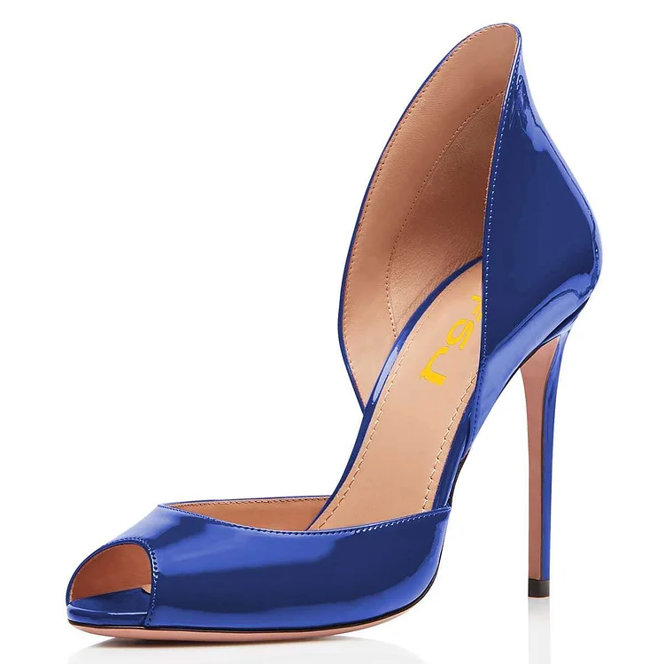 Blue Patent Leather Peep Toe Office Heels Pumps |FSJ Shoes