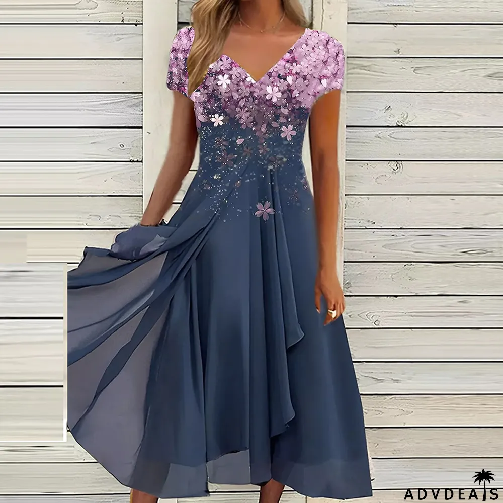 Elegant Floral Chiffon Party Fashion V-Neck Short Sleeve Dress