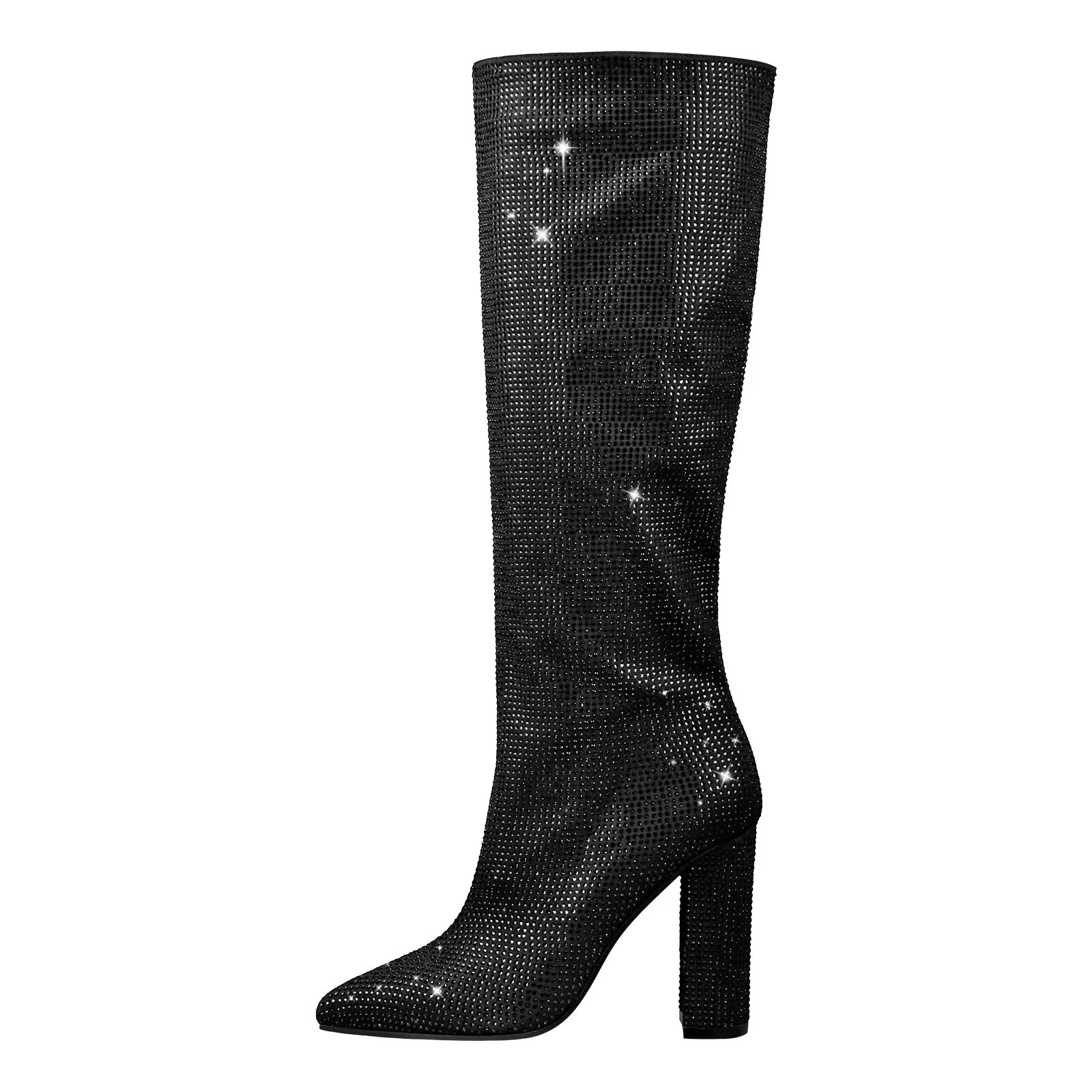 VCSHOES Rhinestones Women Boots Pointed Toe Thin Heels Knee High Boots Stage Shoes Silver 44