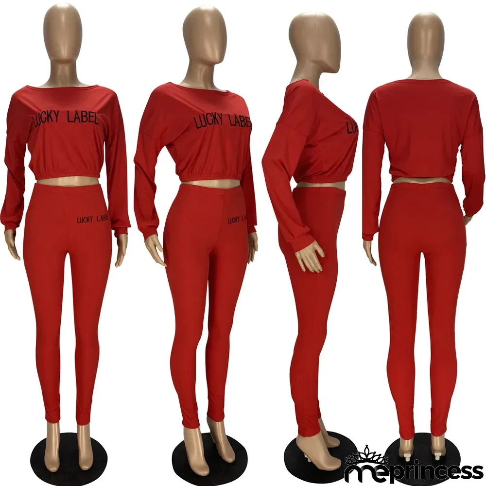 Plus Size Letter Long Sleeve 2 Piece Pants Set