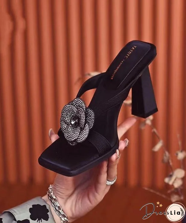 Stylish Black Chunky Heel Slide Sandals Peep Toe