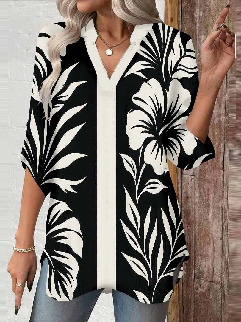 Women Tropical, Geometric, Black, White DZGA0069 3/4 Sleeve V-neck Printed Graphic Button Tops