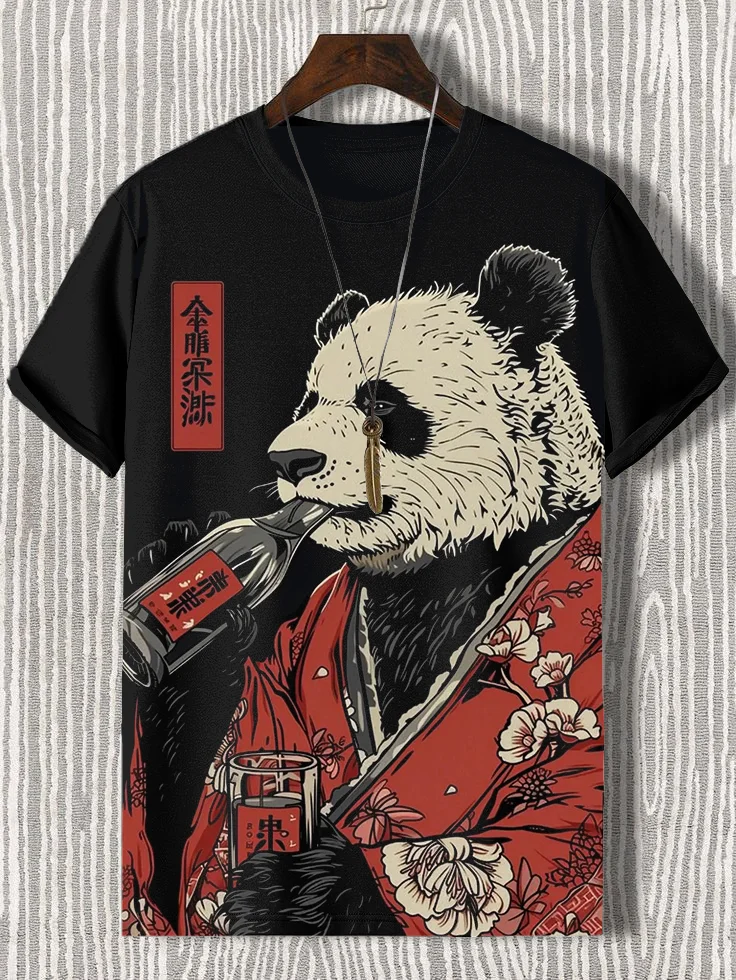 Men's Panda Drinking Japanese Art Print Casual T-Shirt