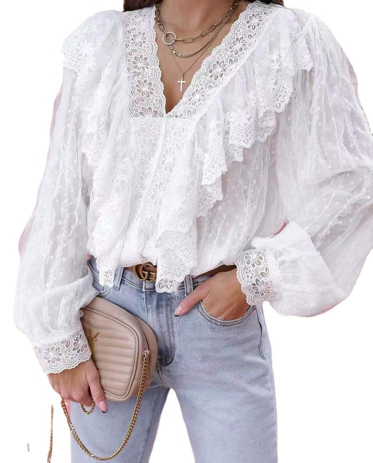 Women's Fashion Lace V-Neck Ruffle Chiffon Flared Sleeves Blouses