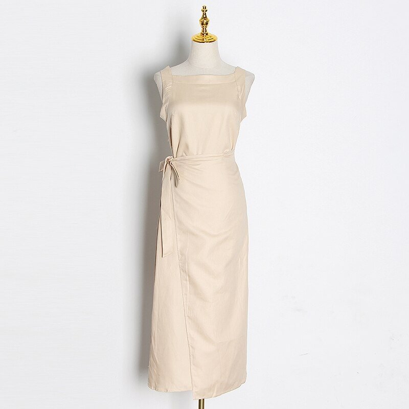 Cartoonh Elegant Lace Up Dress For Women O Neck Sleeveless High Waist Casual Solid Dresses Female Fashion New Summer 2021