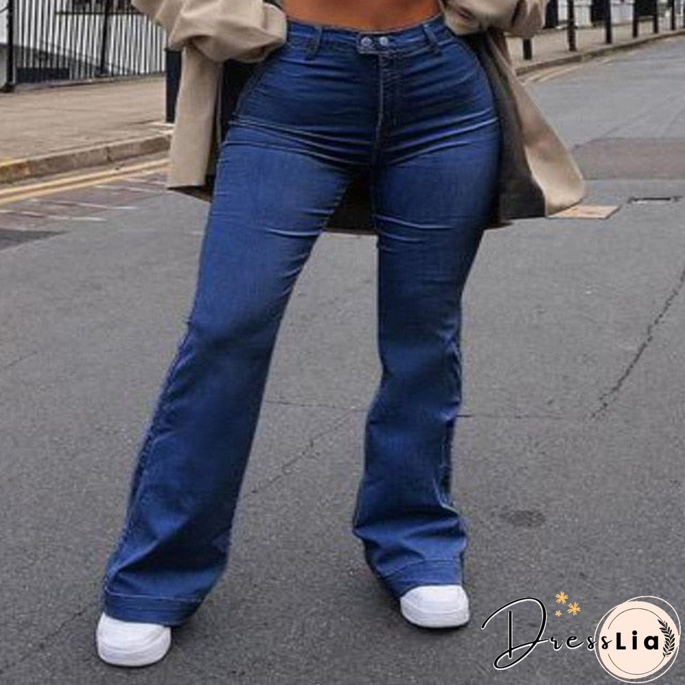 Women Washed Blue High Waist Jeans Button Y2K Korean Fashion Girl Trousers New Casual Retro Skinny Straight Flared Pants