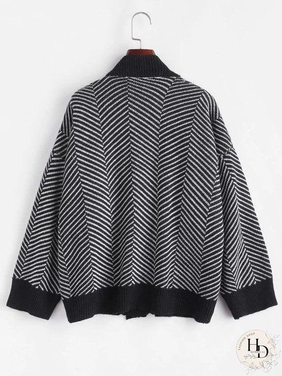 Button Up Stripes Oversized Cardigan for Women
