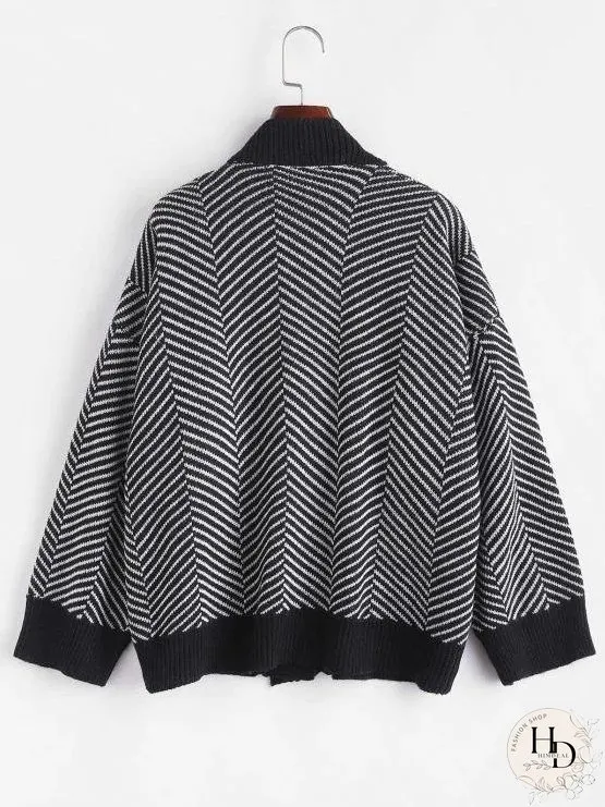 Button Up Stripes Oversized Cardigan for Women