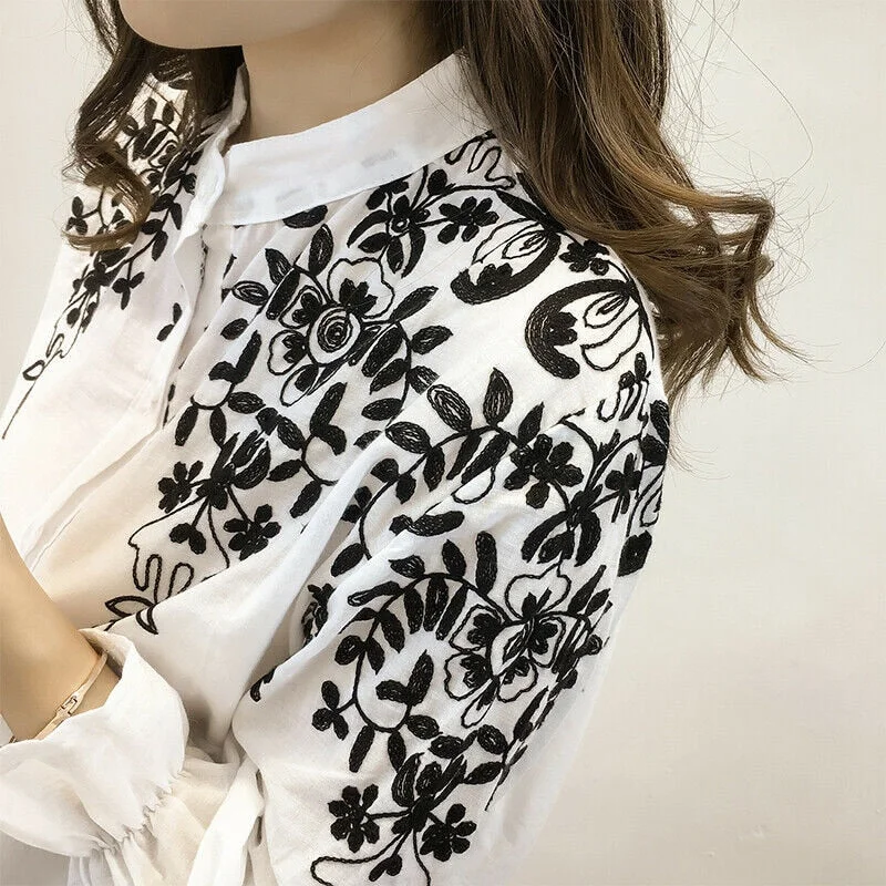 2019 New Women Fashion Embroidery Blouse Shirt Top OL Female Long Sleeve Office Lady Casual Floral Shirts Blouses Tops Plus Size