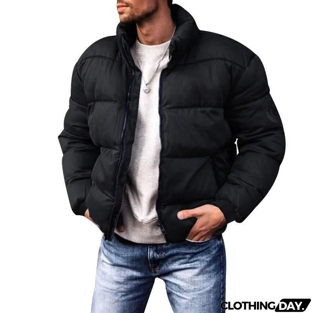 Casual Solid Stand Collar Zipper Pocket Thickened Thermal Coat