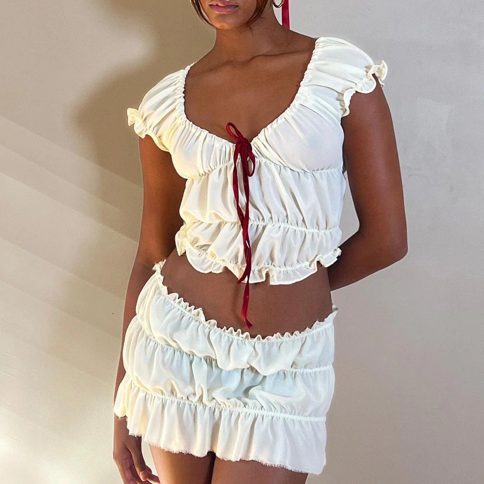 Llyge hoco dresses Women's Y2K 2Pcs Ruched Dress Set Short Sleeve Tie-up T-shirt with Low Waist Mini Bodycon Skirt Pleated Summer Outfit llyge